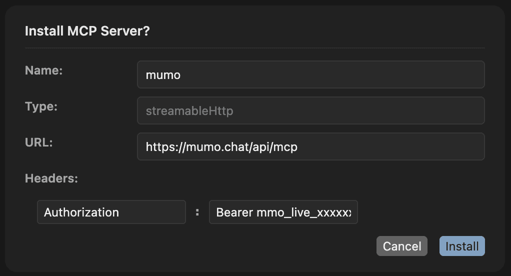 Cursor's Install MCP Server dialog, pre-filled with the mumo server URL and Authorization header